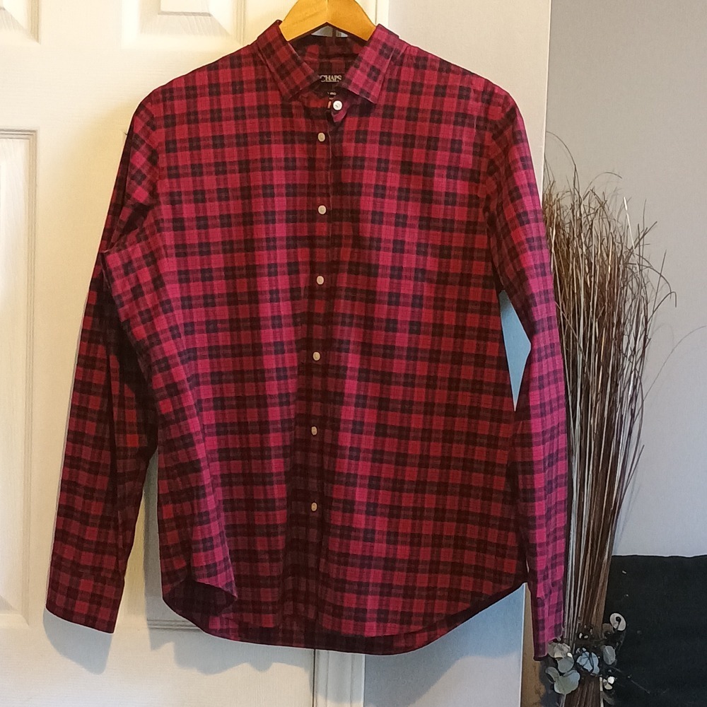 CHAPS Mens Plaid Long Sleeve Button Down Shirt Red Black XL No Iron - Picture 2 of 13